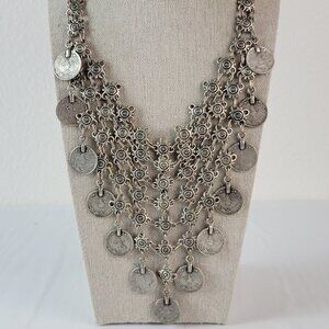 Vintage Ottoman Turkish Tughra Silver Brushed Coin Bib Necklace 19"